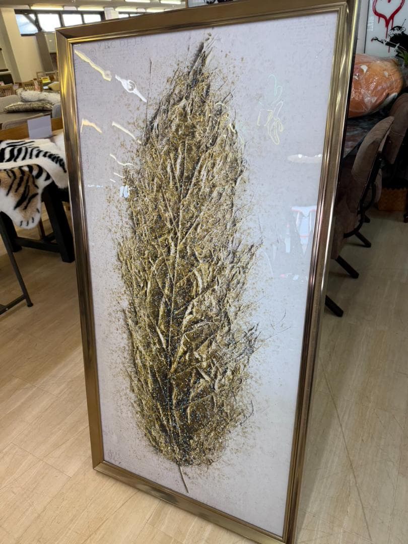 水晶絵　クリスタルアート　ゴールドリーフ　アートパネル　葉　リーフ　ゴールド　額