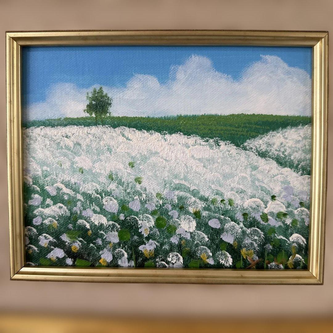 渡辺やすし　油彩　絵画　豪華額縁　白い花畑の絵画　真作　肉筆　美術品　インテリア