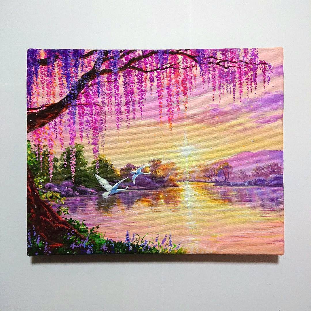 【夕映えの藤】アクリル画 F3 風景画 絵画