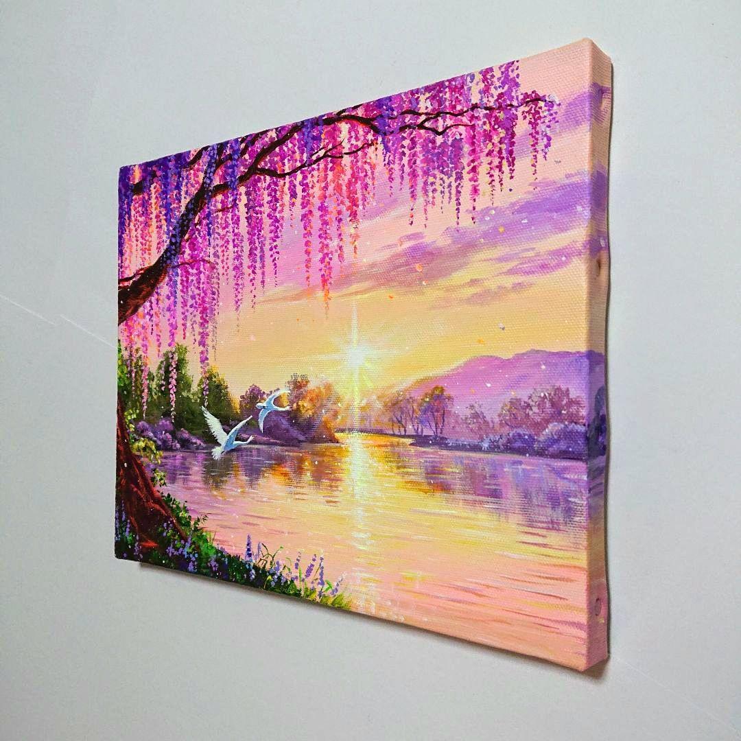 【夕映えの藤】アクリル画 F3 風景画 絵画