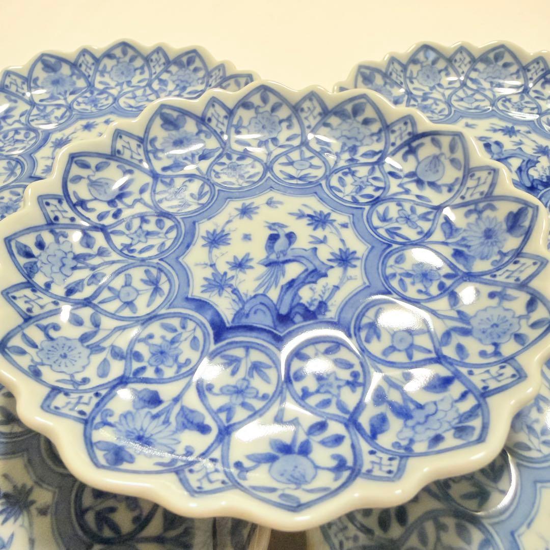 美品 即納 匿名 龍峰窯 染付間取花鳥 輪花皿5枚セット 小皿 和皿 美濃焼