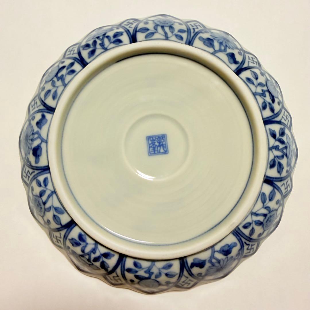 美品 即納 匿名 龍峰窯 染付間取花鳥 輪花皿5枚セット 小皿 和皿 美濃焼