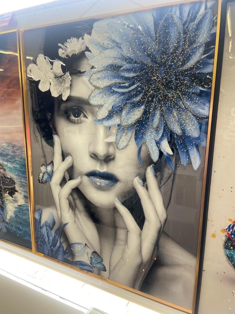 水晶絵　アートパネル　クリスタル　立体　絵画　アート　ブルー　フラワー　ゴールド