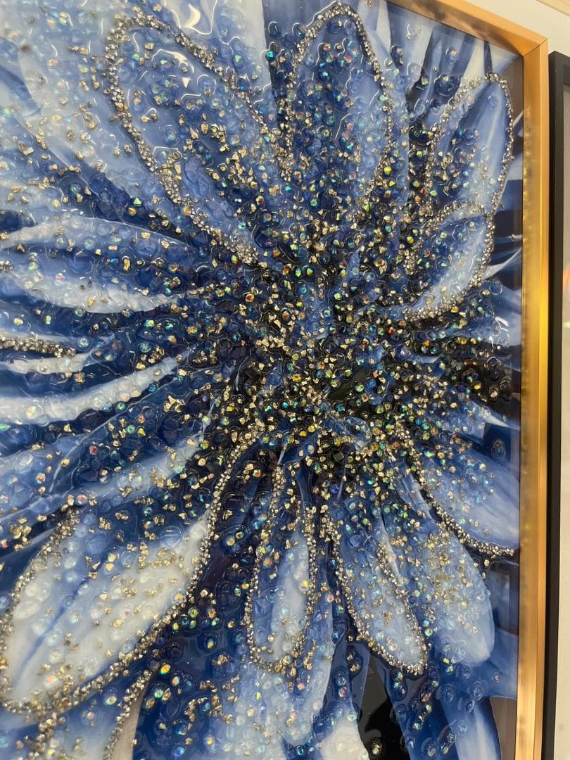 水晶絵　アートパネル　クリスタル　立体　絵画　アート　ブルー　フラワー　ゴールド