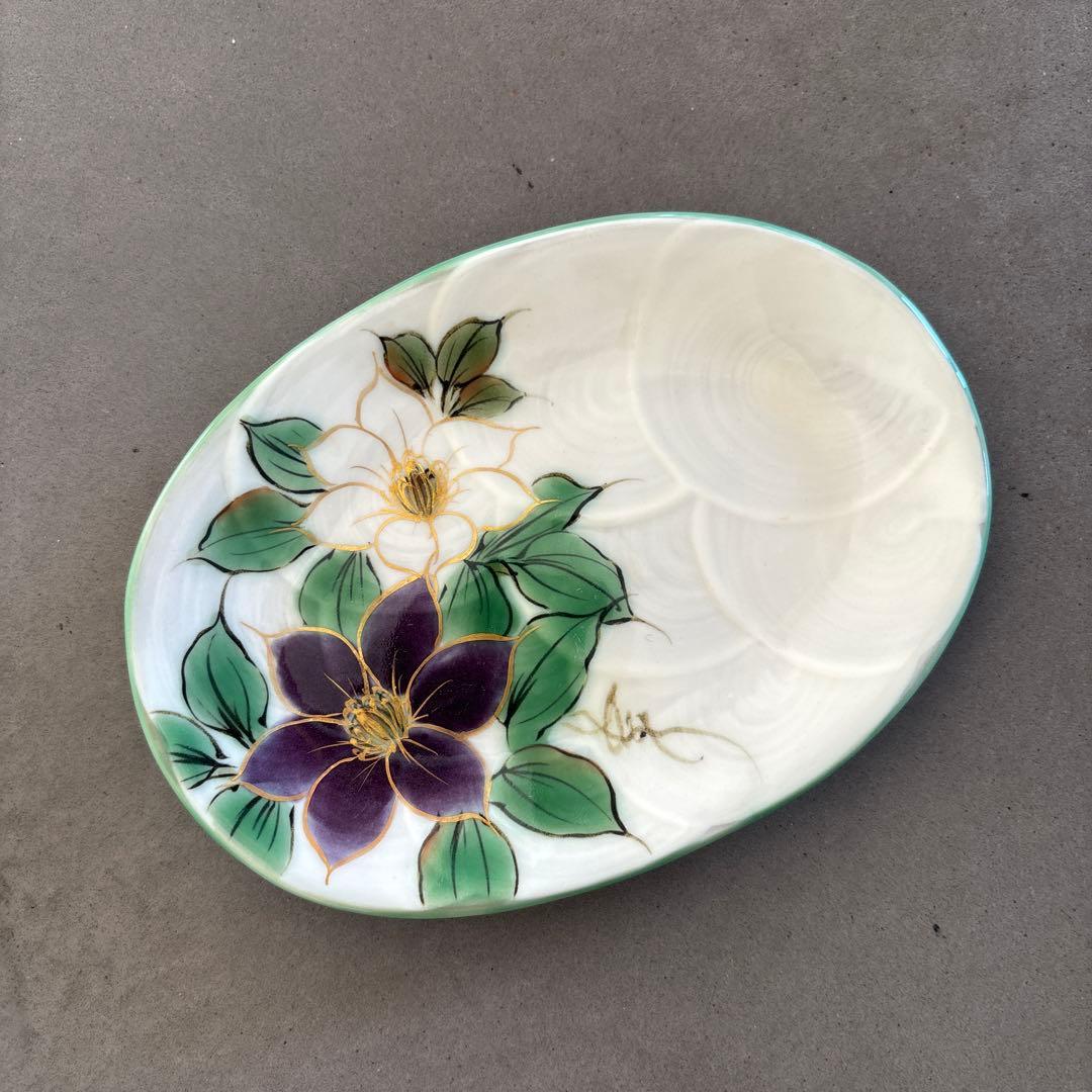 《ほぼ新品》美品【陶葊】京焼　清水焼　白掛彩草花　色絵付け　皿　鉄線　陶あん