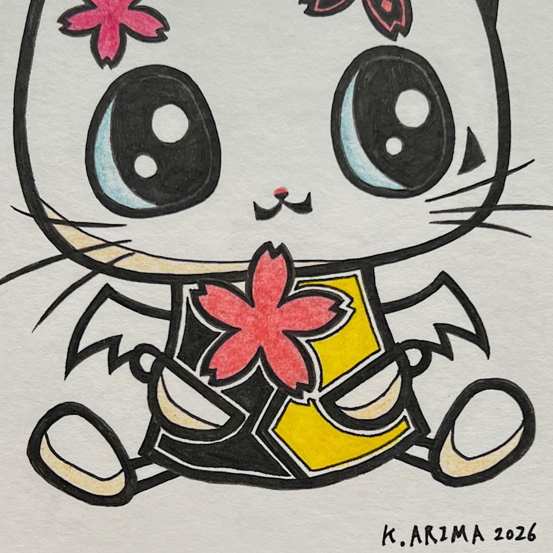 動物 原画 絵 手描き 癒し 猫 さくら 一点物 額縁付き 『桜ひらり』