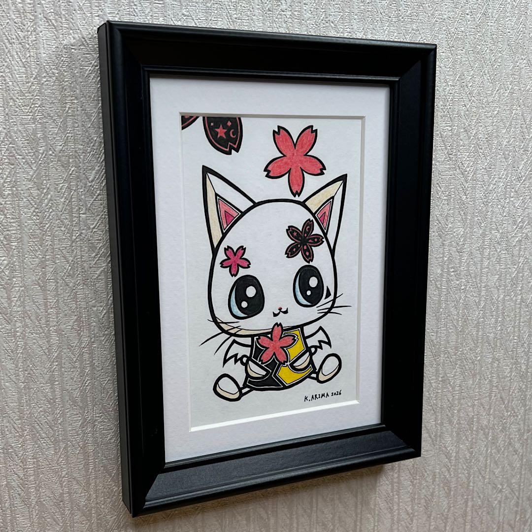 動物 原画 絵 手描き 癒し 猫 さくら 一点物 額縁付き 『桜ひらり』