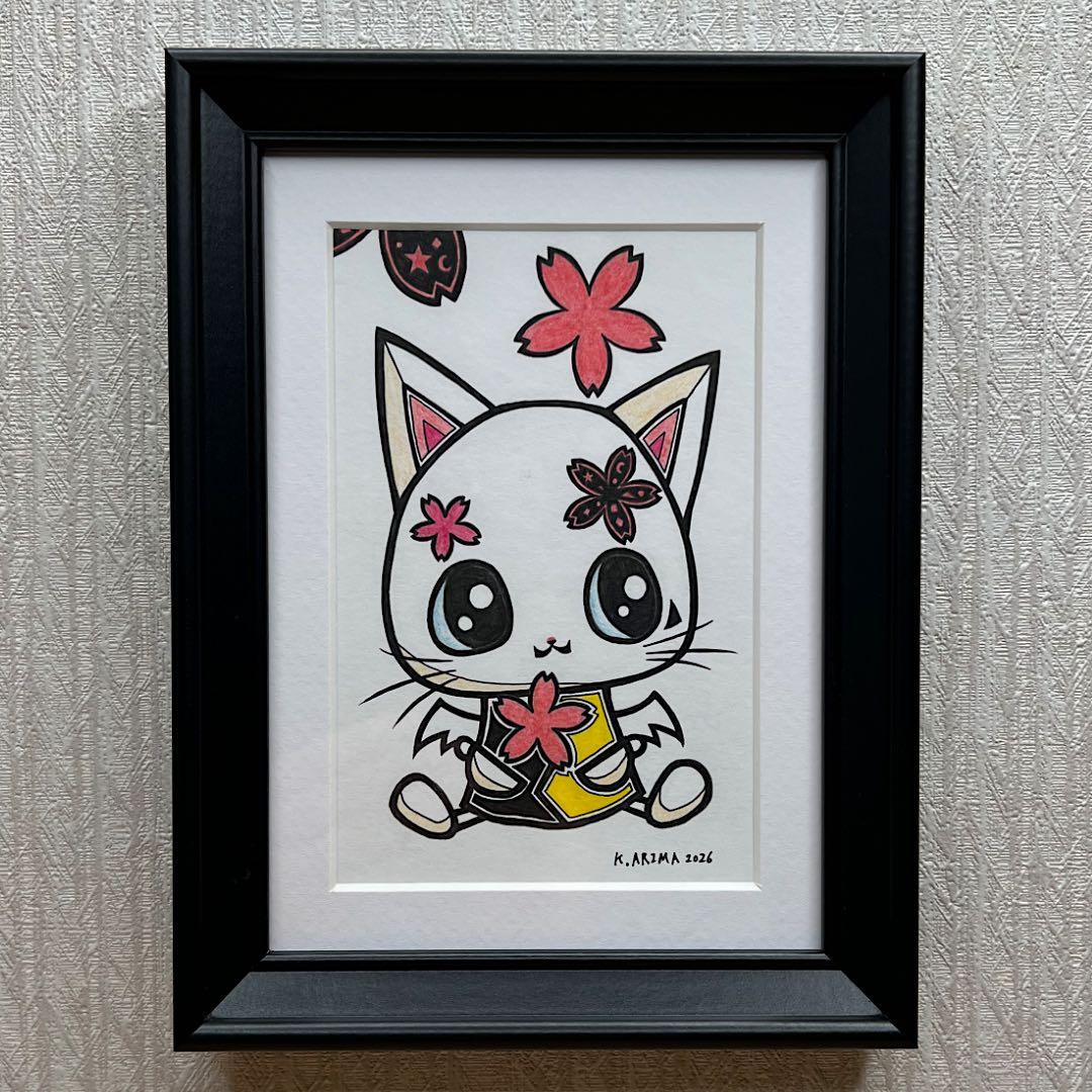 動物 原画 絵 手描き 癒し 猫 さくら 一点物 額縁付き 『桜ひらり』
