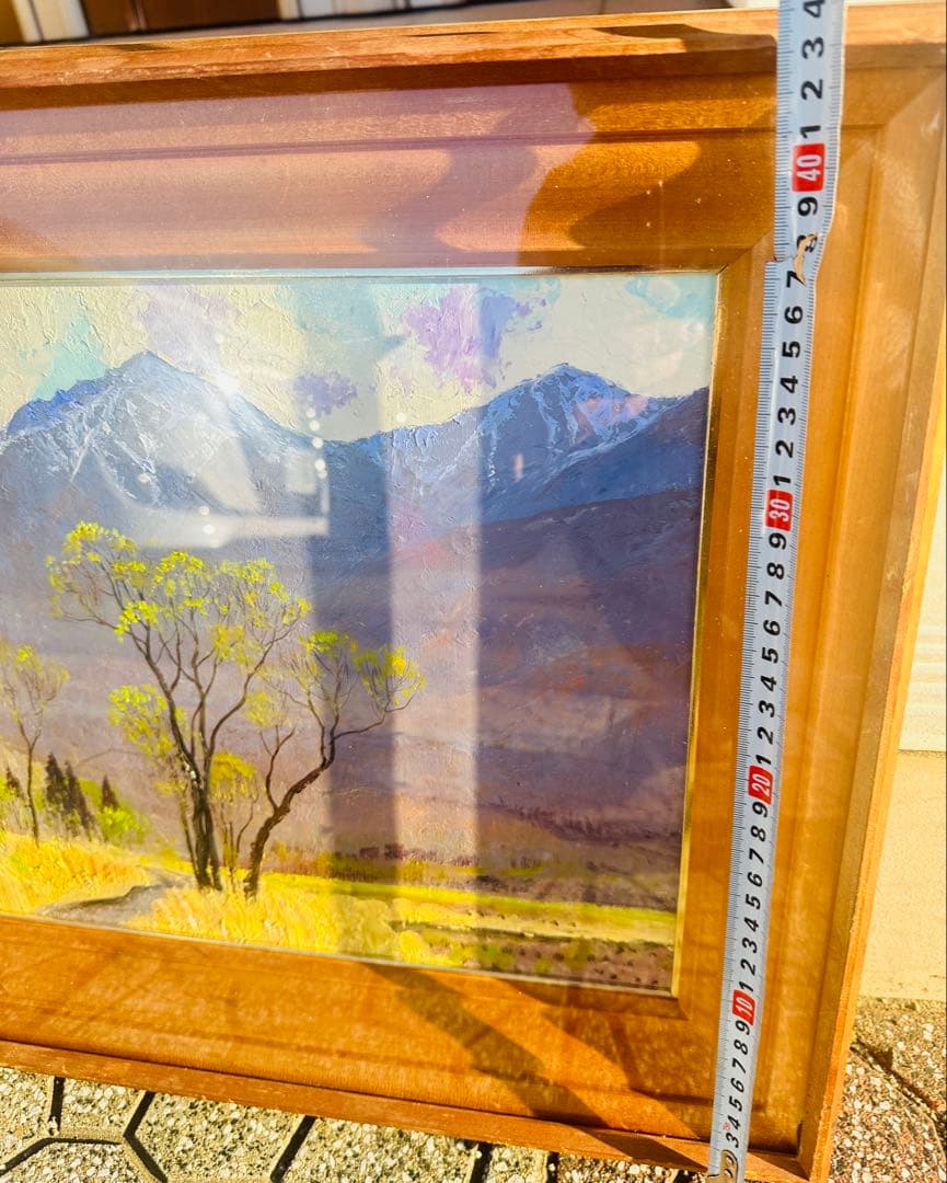 真作油彩 小川博『安曇野の春』F6号 風景画 木製フレーム 約52 X40 cm