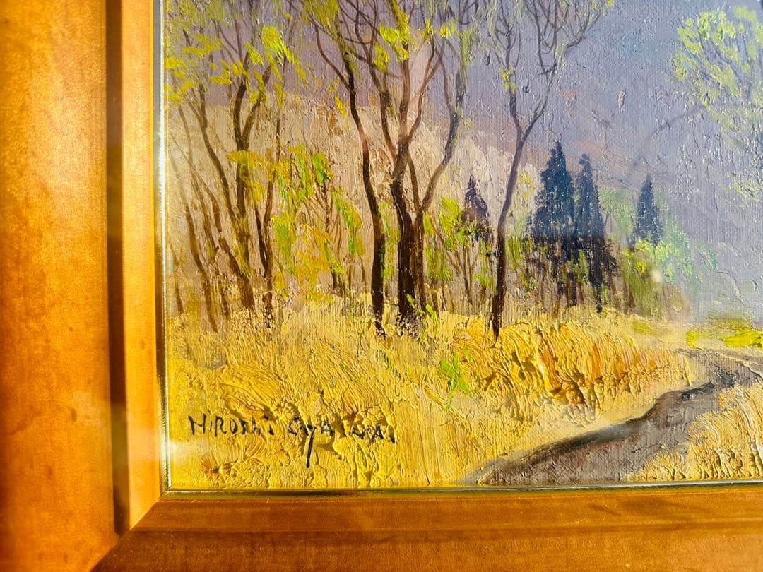 真作油彩 小川博『安曇野の春』F6号 風景画 木製フレーム 約52 X40 cm