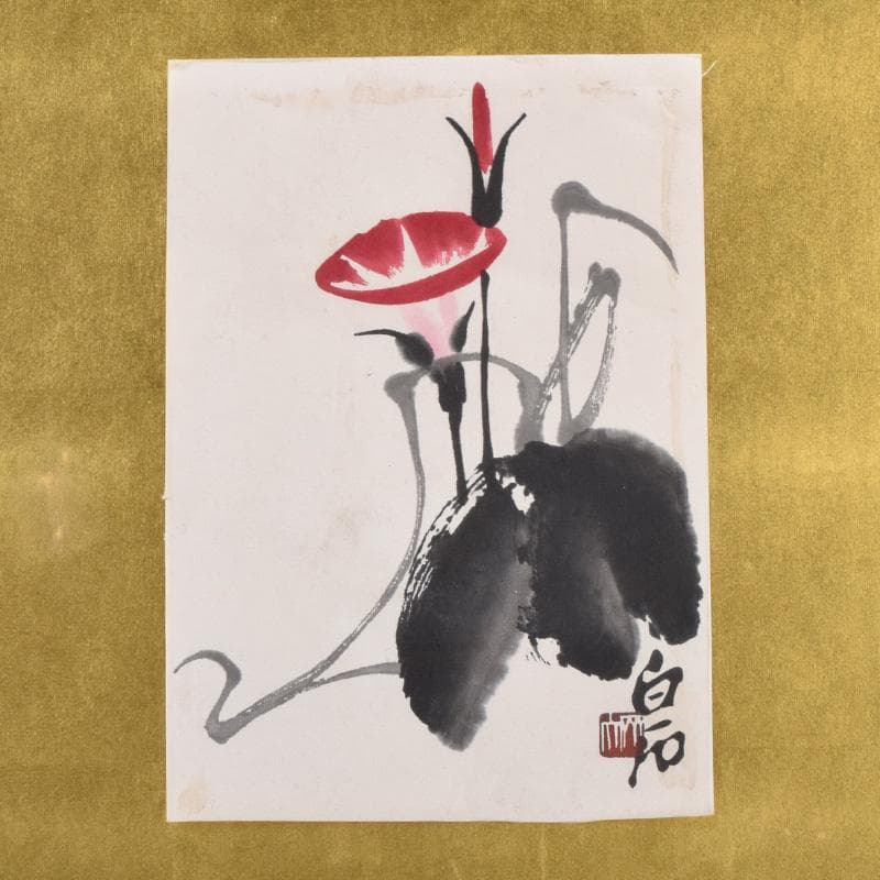 中国　斉白石　水墨画　朝顔図　工芸印刷　時代唐木雲板額　N　7623A