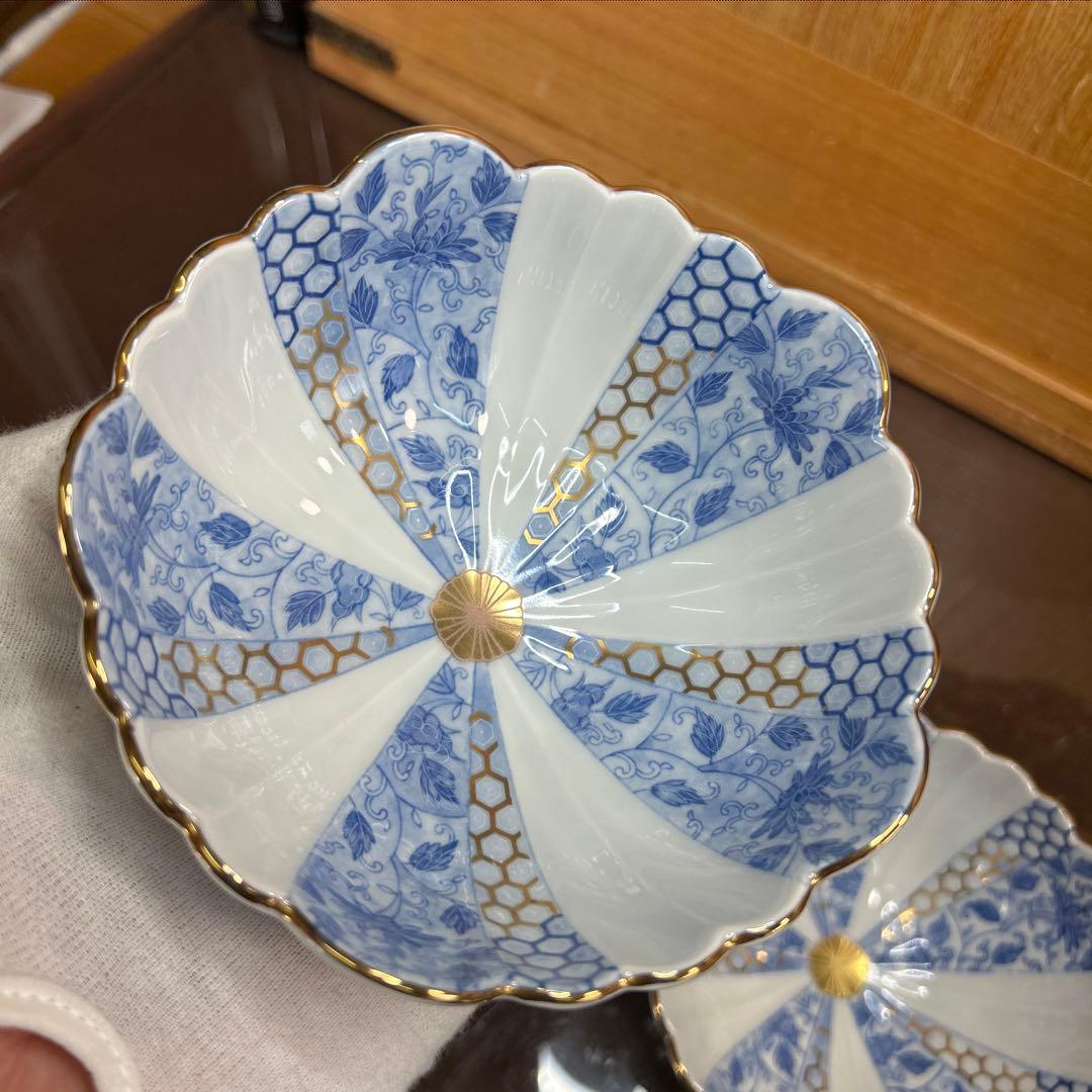 西山窯　古伊万里 金彩染付亀甲唐草文　小鉢揃　美品