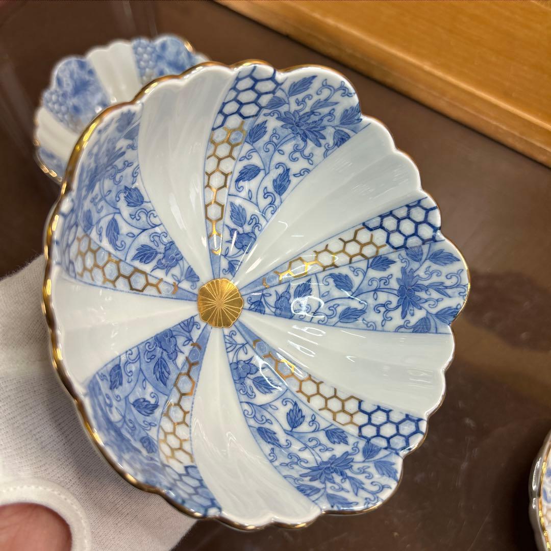 西山窯　古伊万里 金彩染付亀甲唐草文　小鉢揃　美品