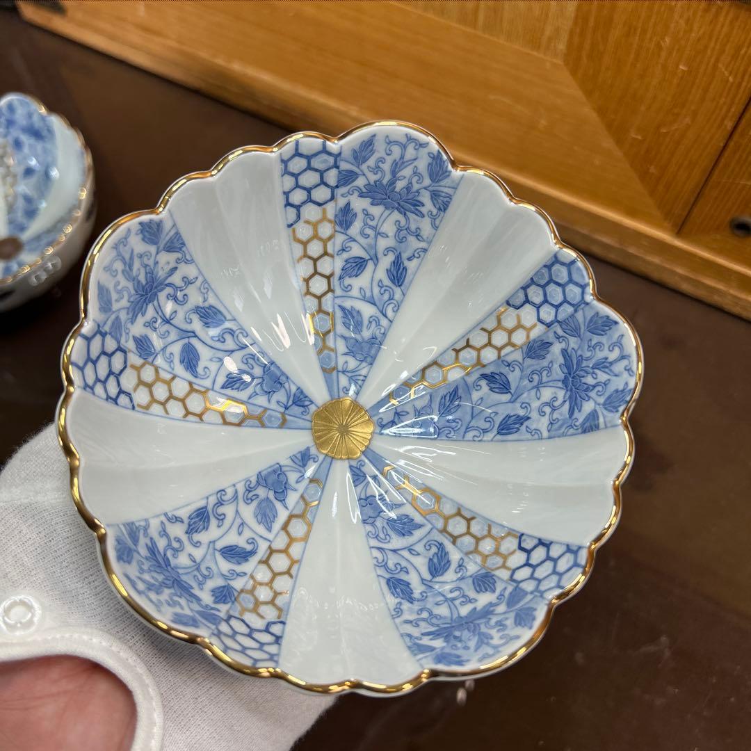 西山窯　古伊万里 金彩染付亀甲唐草文　小鉢揃　美品