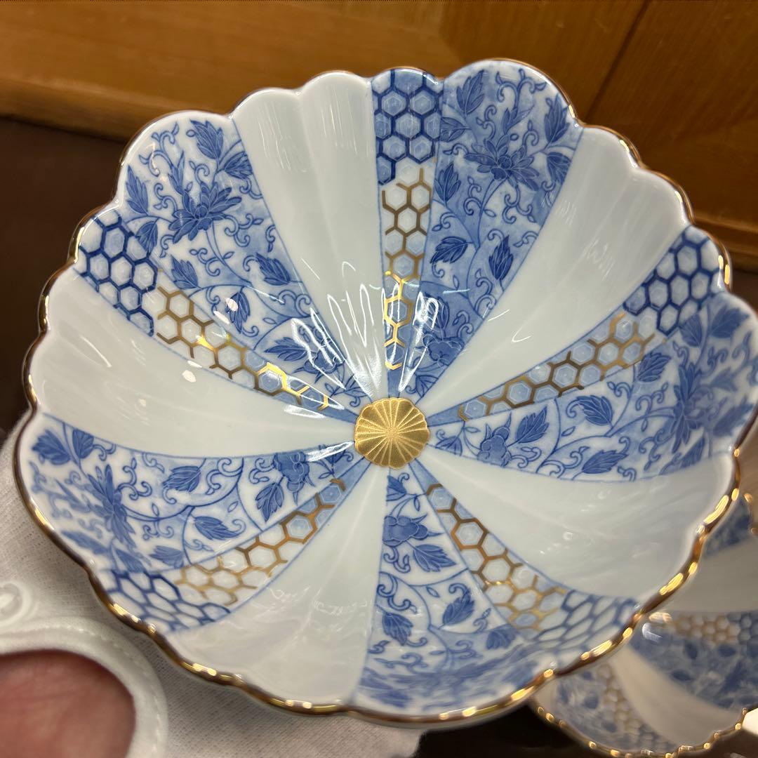 西山窯　古伊万里 金彩染付亀甲唐草文　小鉢揃　美品