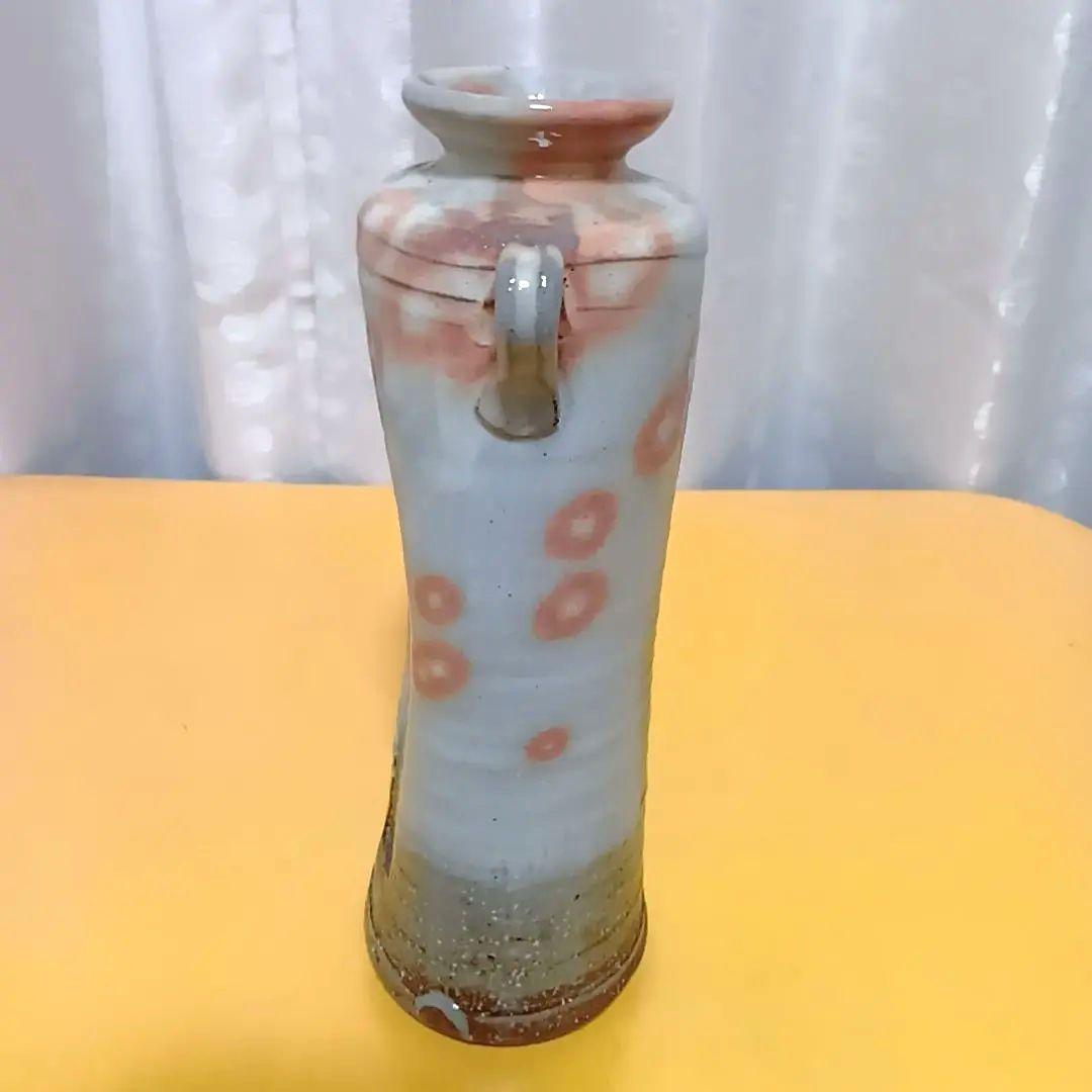 骨董 萩焼 花生 陶華山 松尾藻風 花瓶 丸耳花器 灰白釉 鉄斑文様 一輪挿し