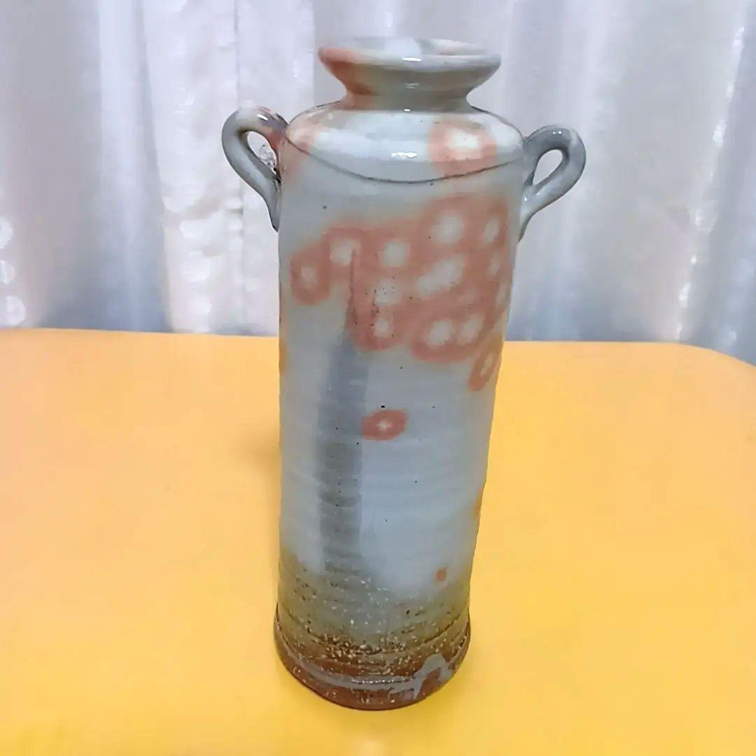 骨董 萩焼 花生 陶華山 松尾藻風 花瓶 丸耳花器 灰白釉 鉄斑文様 一輪挿し