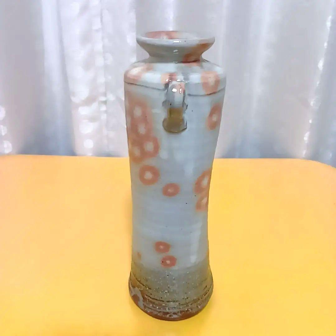 骨董 萩焼 花生 陶華山 松尾藻風 花瓶 丸耳花器 灰白釉 鉄斑文様 一輪挿し