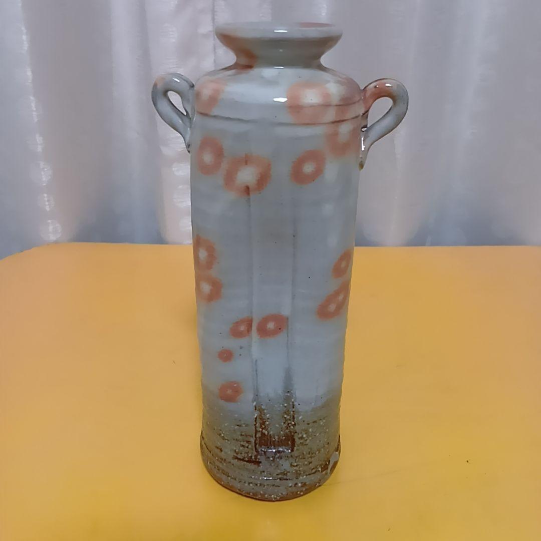 骨董 萩焼 花生 陶華山 松尾藻風 花瓶 丸耳花器 灰白釉 鉄斑文様 一輪挿し