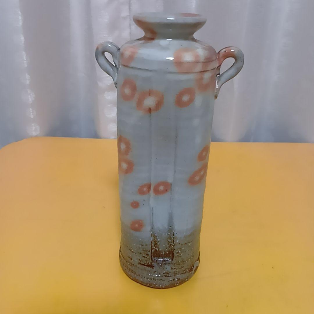 骨董 萩焼 花生 陶華山 松尾藻風 花瓶 丸耳花器 灰白釉 鉄斑文様 一輪挿し