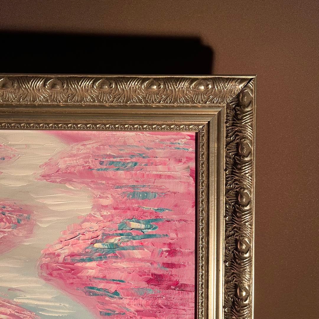 ★秀作★ 手書き油絵 朱に染まる睡蓮 額付 肉筆絵画 インテリア 油彩画