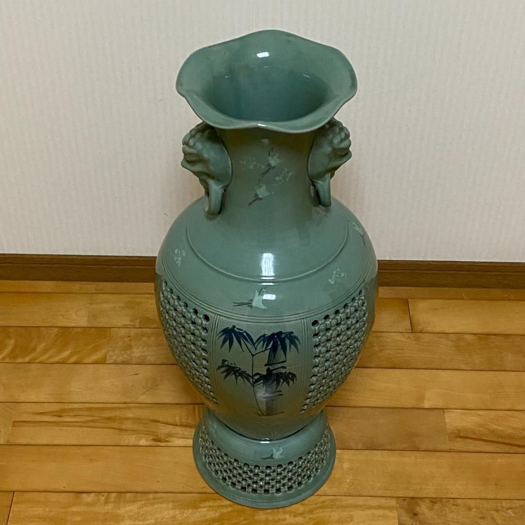 海律 高麗青磁 網目 花瓶 台座付 花器 和柄 鶴絵 華道 花道 お花 生け花