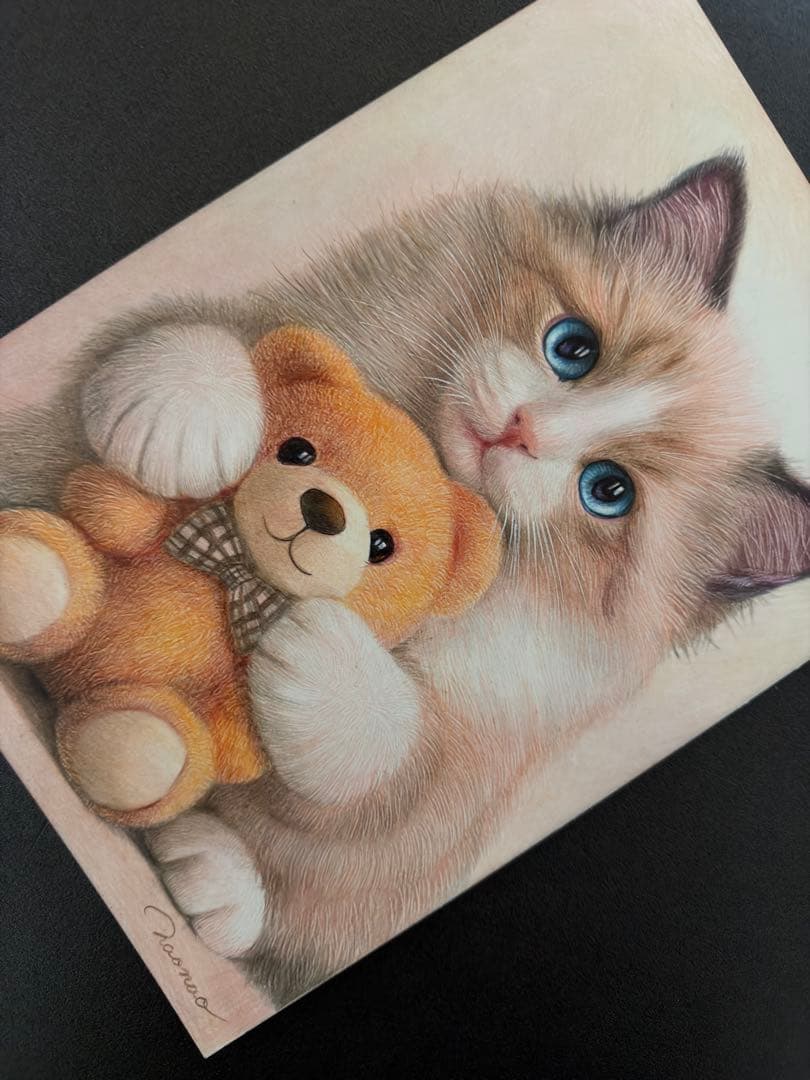 色鉛筆画A4くまさんと一緒