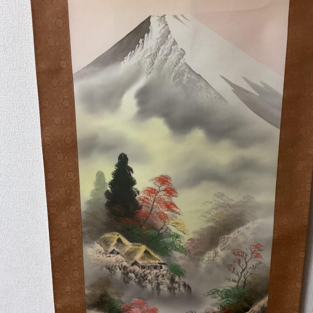 松泉筆 絹本彩色山水図 肉筆画 落款印譜在 桐箱 タトウ箱付