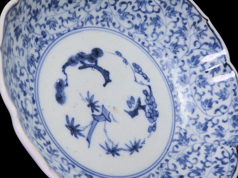 古伊万里 染付　萩唐草の図　膾皿　A649AS-DEa