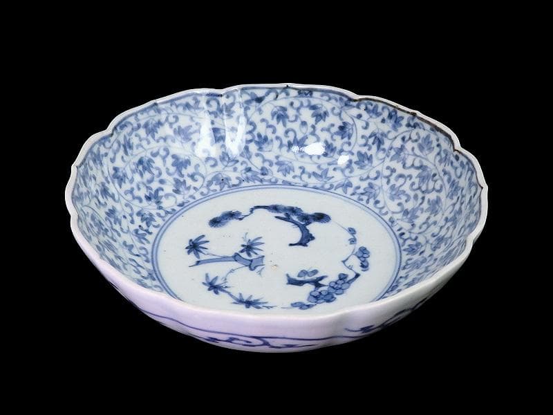 古伊万里 染付　萩唐草の図　膾皿　A649AS-DEa