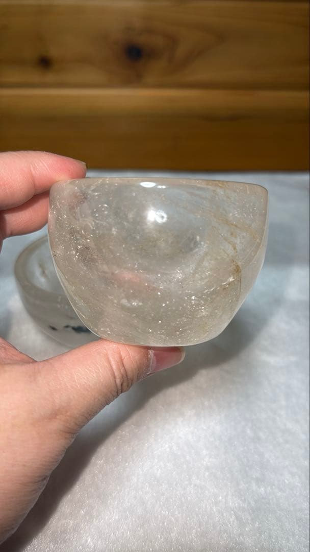 ②天然本水晶 浄化皿 手磨き リモナイト共生 小鉢 コップ 水晶水エッセンス作り