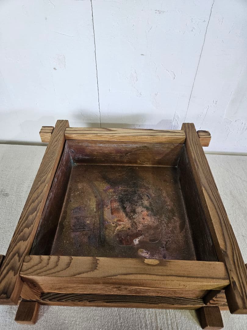 Japan vintage 焼杉水盤 井筒 銅落とし付き 花器 フラワーベース
