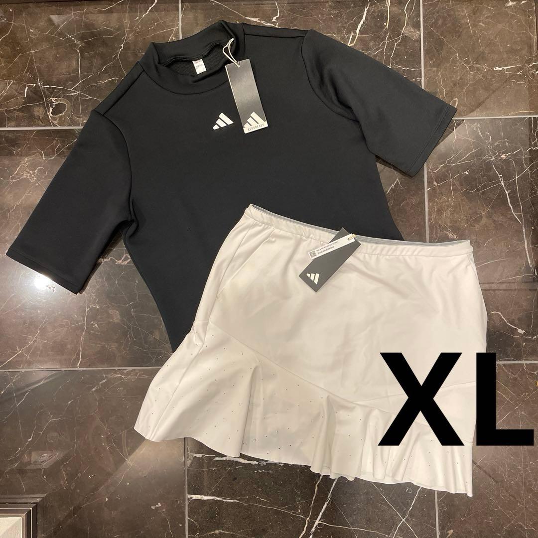 新品✨アディダスゴルフ　上下　半袖モックネックシャツ　フリルスカート　黒白　XL