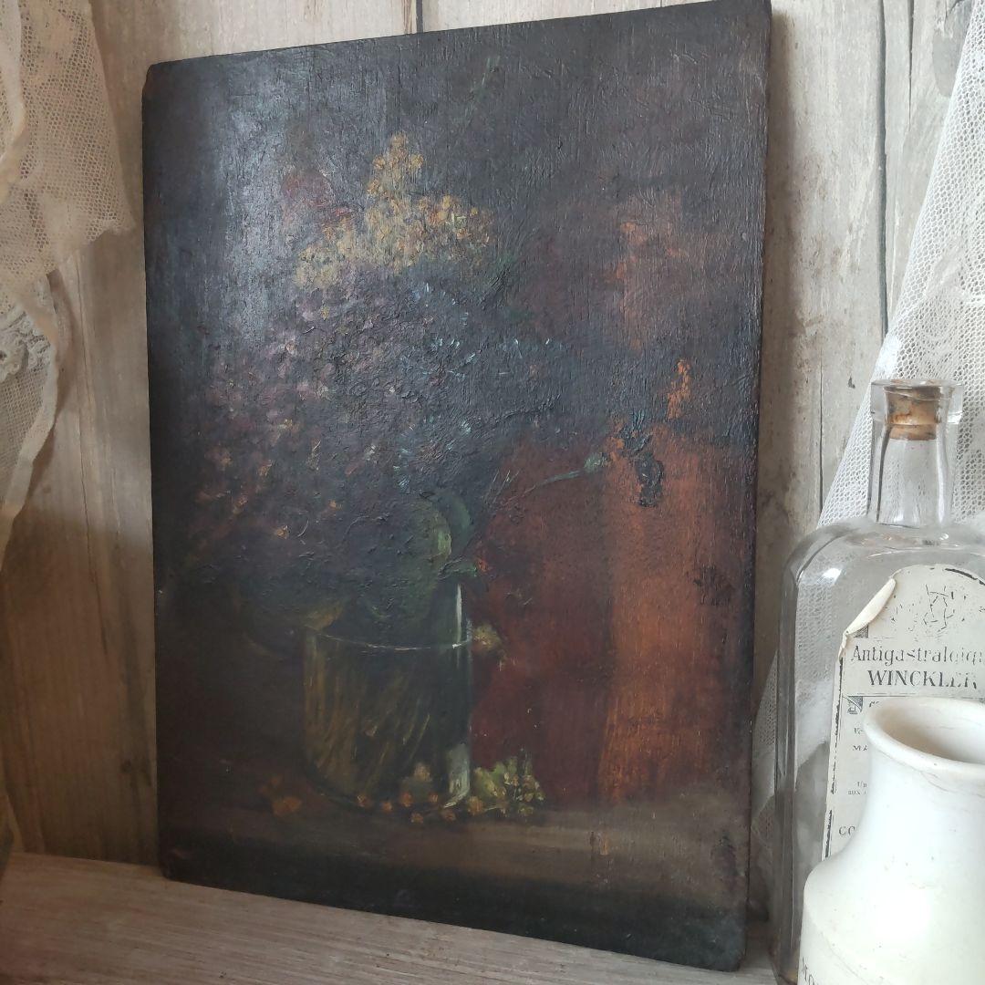 フランス　アンティーク　油絵　ミモザ　スミレ　絵画