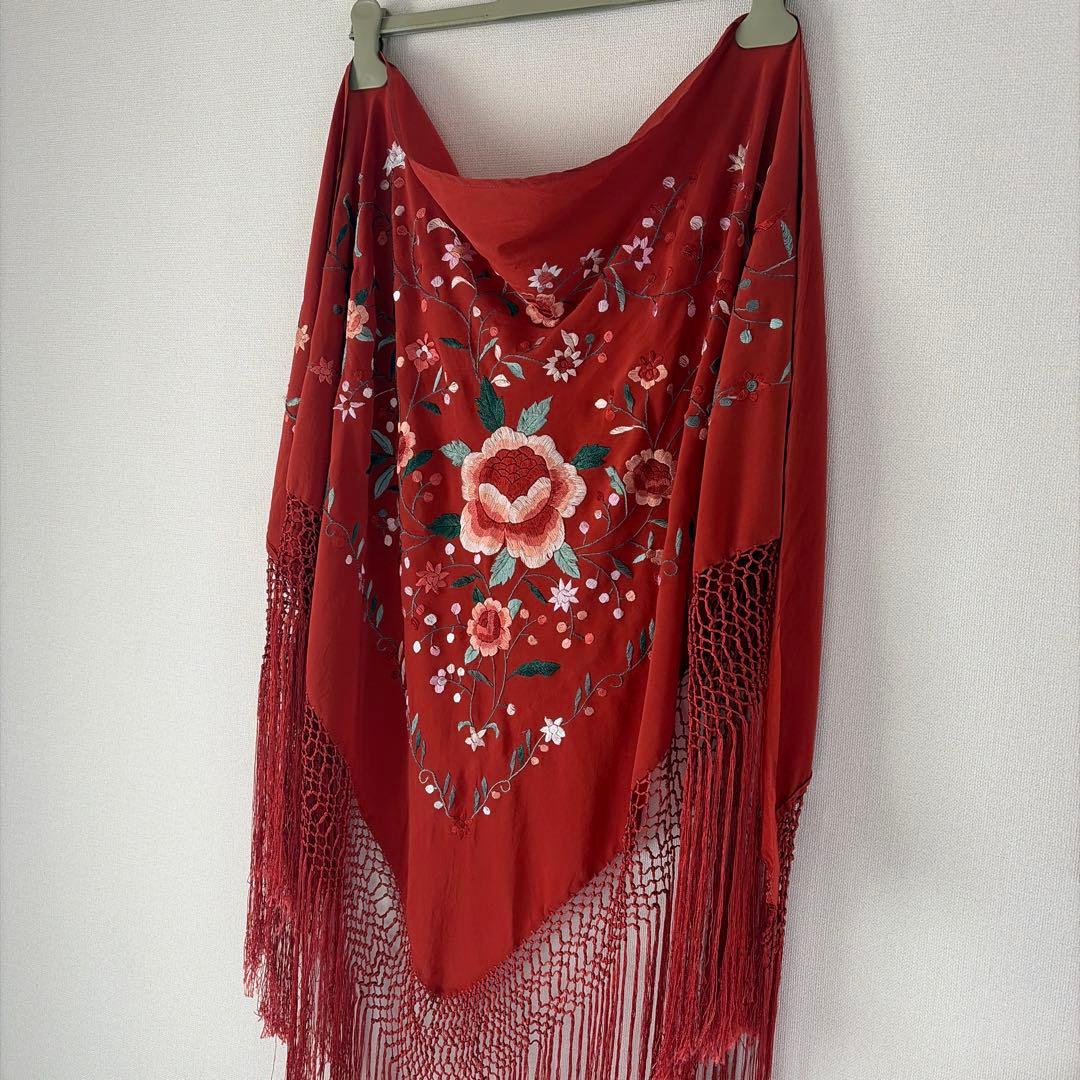 【スペイン】フラメンコ 衣装 シージョ ／スカーフ 花柄 刺繍 テラコッタ