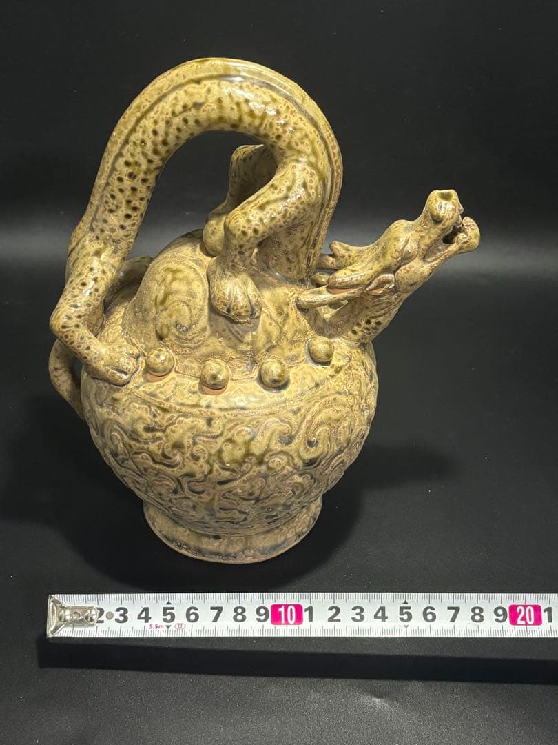 中国　宋元時代 ドラゴン持ち手の陶器壺