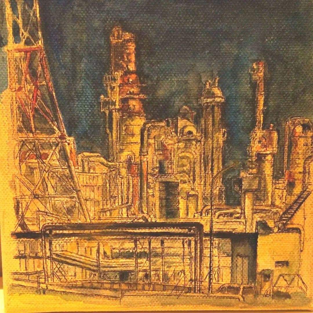 堺市工業地帯の夜景　水彩画