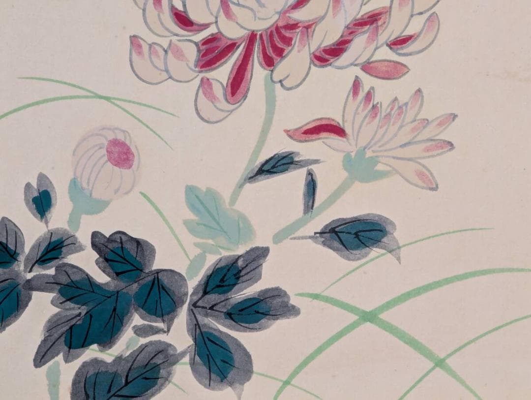 【真作】絵画　日本画（色紙）　秋の菊花図　上品な日本画色紙　額装アート　Z156