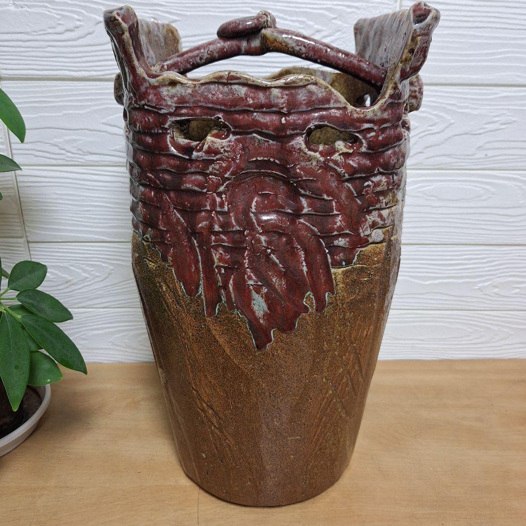 【一点物】手捻り 陶器 傘立て 43cm 辰砂 釉変 大型 玄関 什器 和モダン