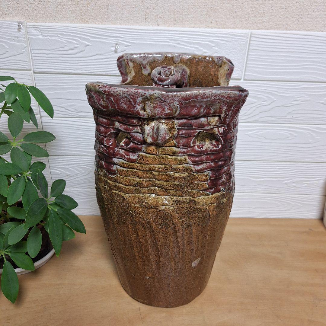 【一点物】手捻り 陶器 傘立て 43cm 辰砂 釉変 大型 玄関 什器 和モダン