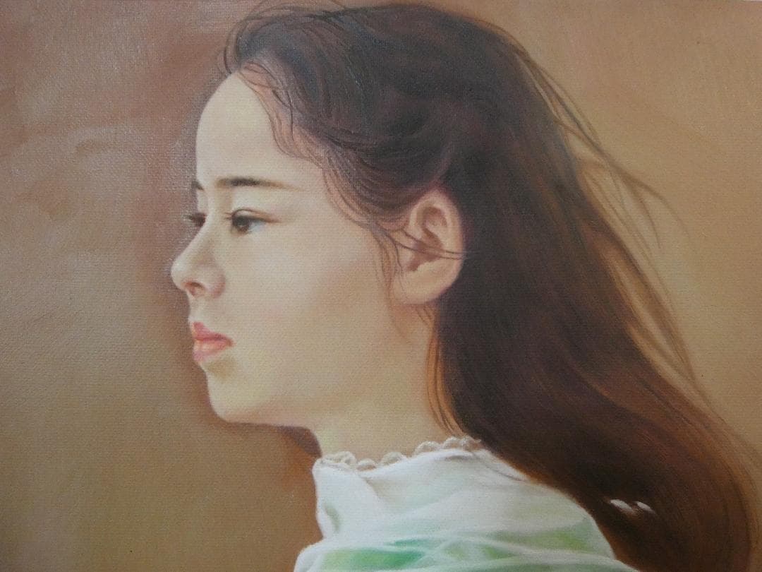 ドフラ絵画　油絵 人物 藤井勉「微風」 サイン 額装済み 肉筆手描き F6