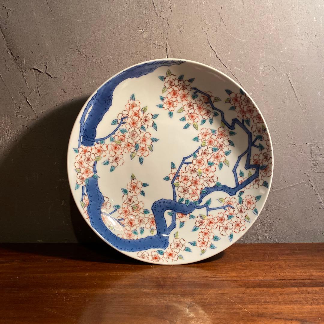 伊万里焼 色鍋島高台皿 船津彩雲 31cm大皿 共箱付き 古伊万里 骨董品 桜文