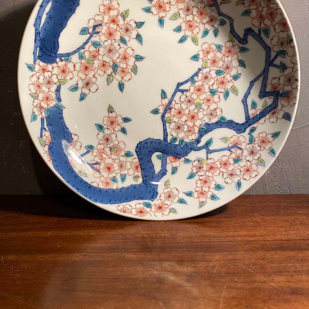 伊万里焼 色鍋島高台皿 船津彩雲 31cm大皿 共箱付き 古伊万里 骨董品 桜文