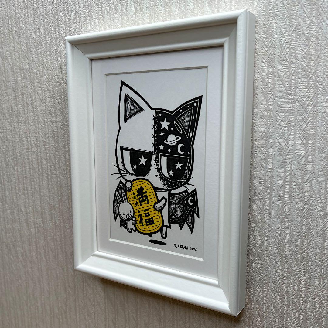 動物 原画 絵 手描き 癒し 猫 一点物 額縁付き 『招き猫のララちゃん』