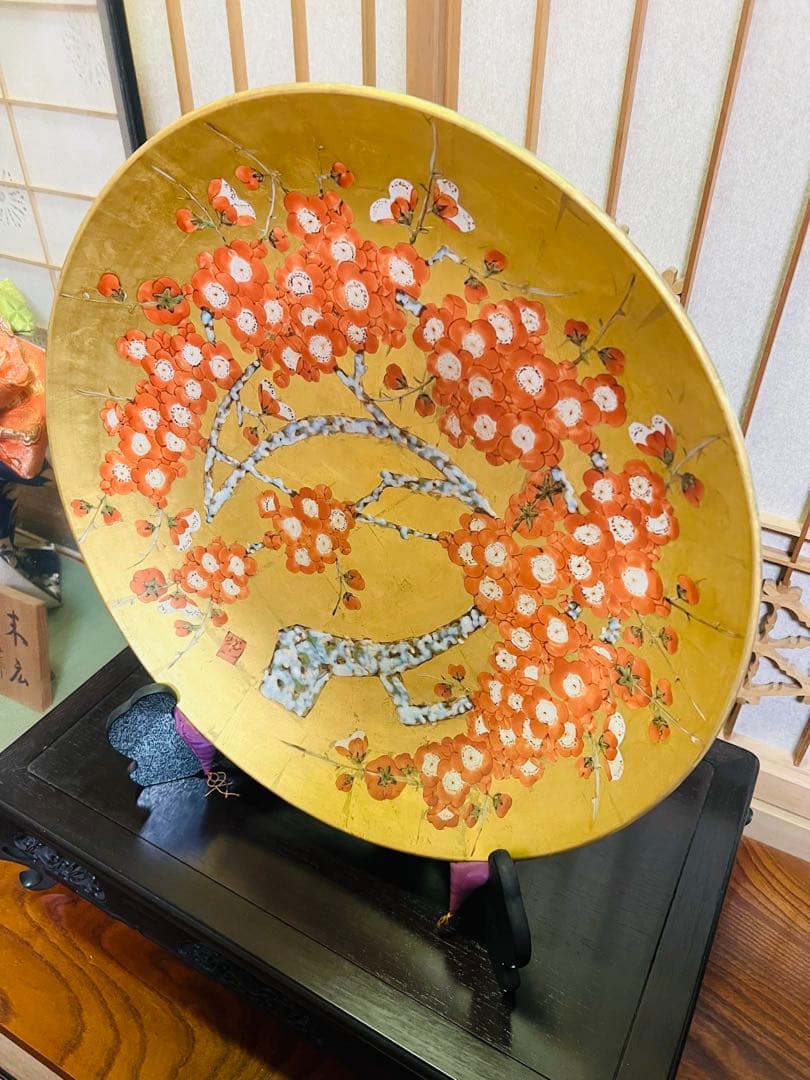 有田焼 琥山窯 小野琥山作 梅紋金箔押 飾皿 大皿 直径約45cm 工芸品
