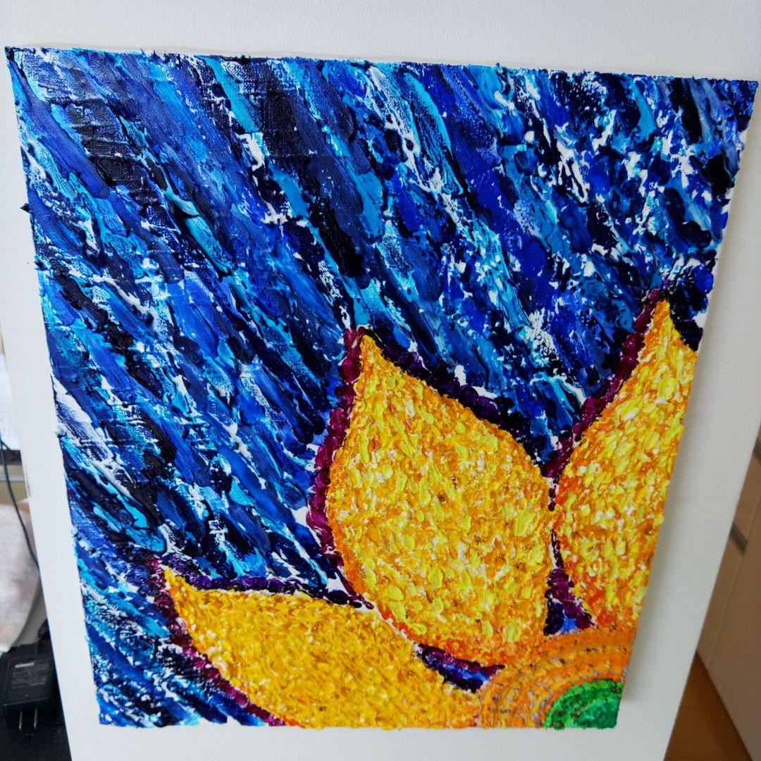 アクリル画 花 ヒマワリ　夏　青　黄色　テクスチャーアート　原画　一点もの