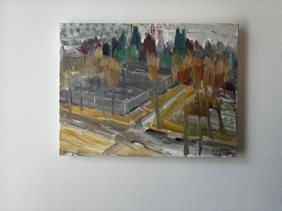 油絵 原画 雨の公園風景 ハンドメイド