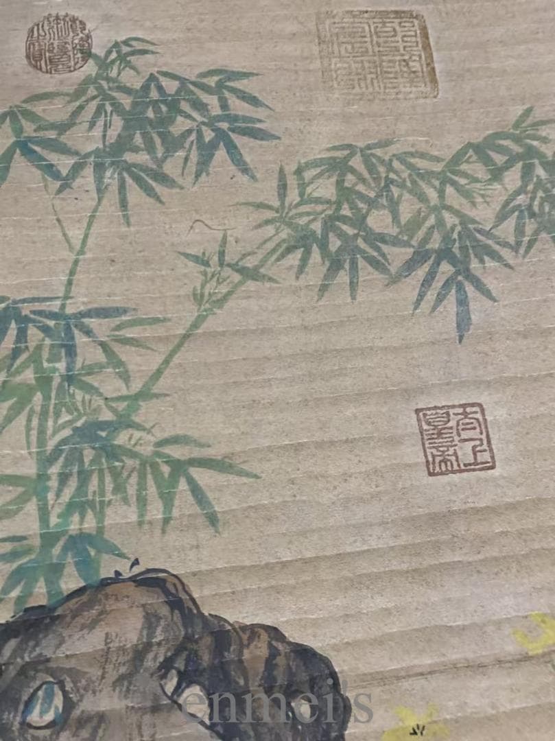 中国古美術『郎世寧款 犬画』三尺中堂画 掛軸 竹と岩風景 宣紙 唐物 肉筆 模写