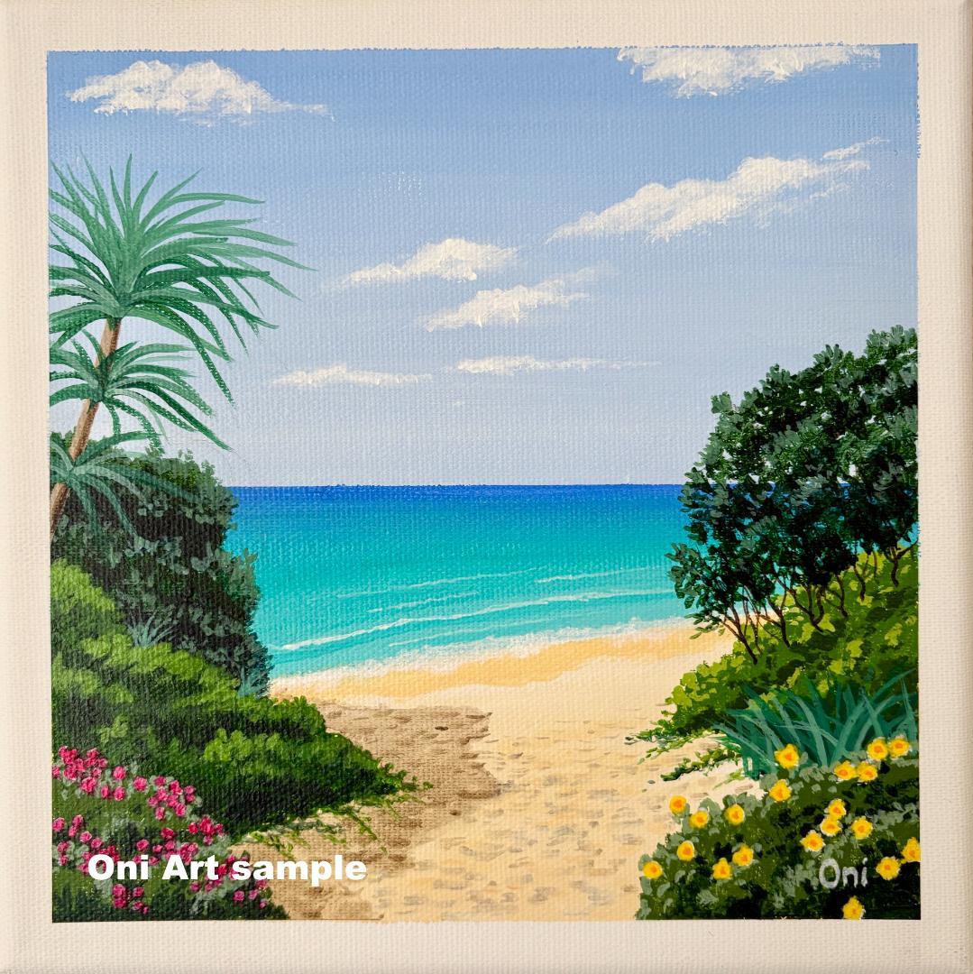 アクリル画　原画　「花の咲くビーチ01」　SSMサイズ　キャンバス