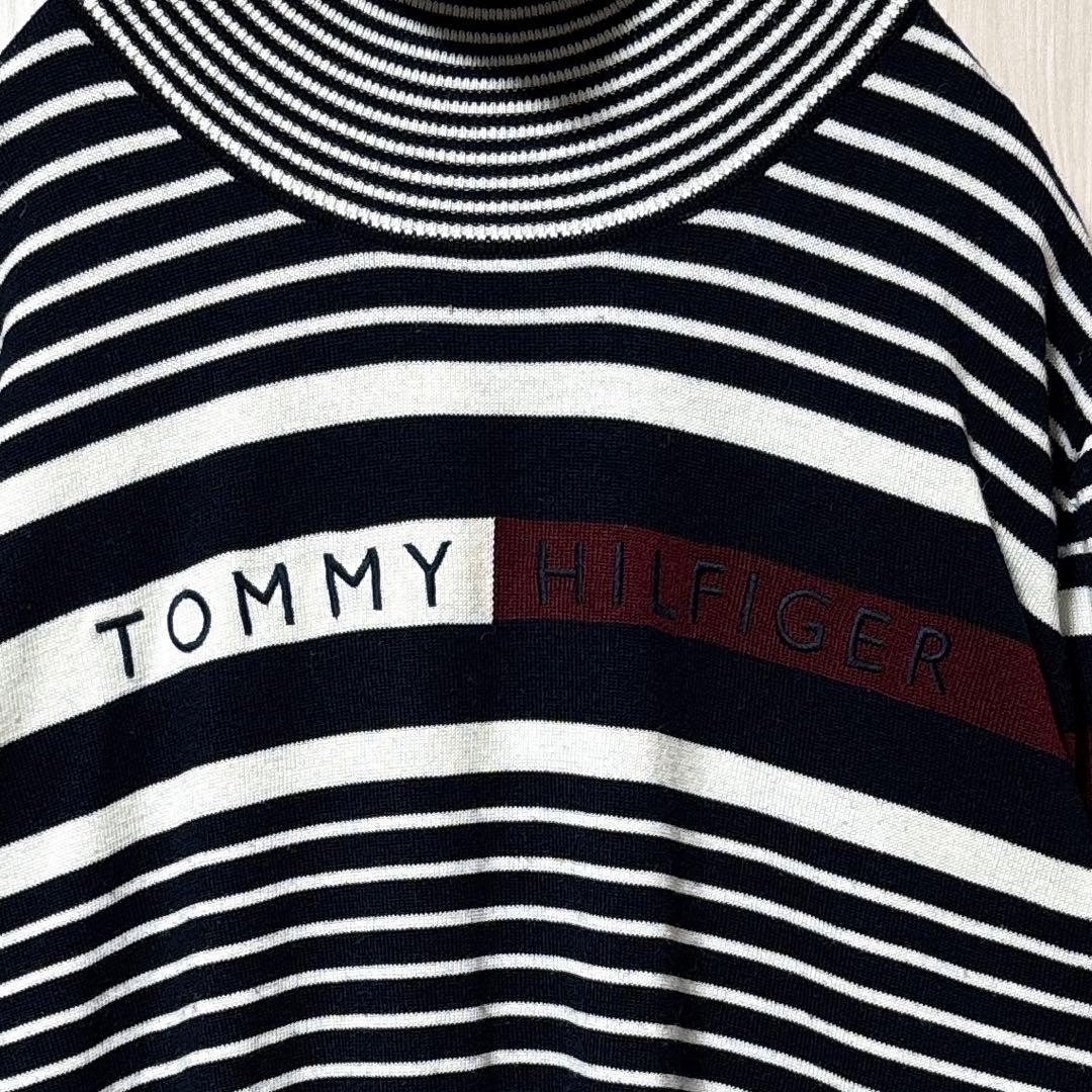 トミーフィルフィガー ボーダー ニット ハイネック センターロゴ 刺繍ロゴ XL
